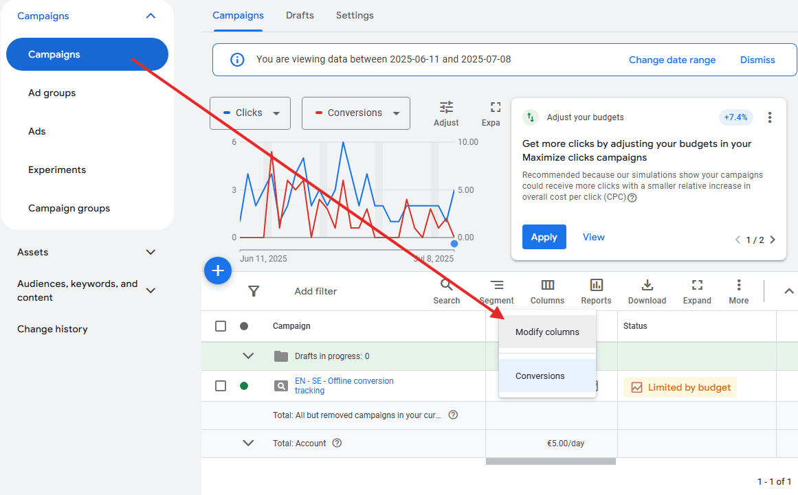 Modify your columns in Google Ads.