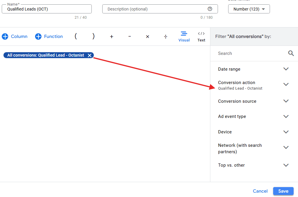 Only show specific conversion actions in a custom column.